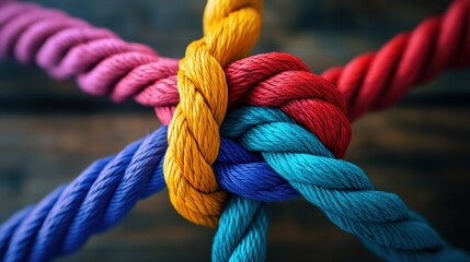 A vibrant arrangement of colorful ropes intertwined, showcasing intricate knots and textures against a dark wooden background.