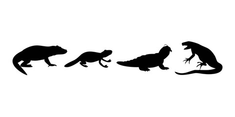Four silhouettes of reptiles and amphibians including a lizard turtle crocodile and snake