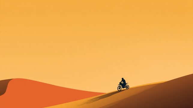 Adventurous motorcyclist conquers desert dunes, riding into the sunset with dynamic energy and freedom, perfect for travel, adventure, and exploration concepts