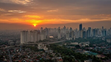Obraz premium City skyline view at sunset with vibrant sky and building silhouettes