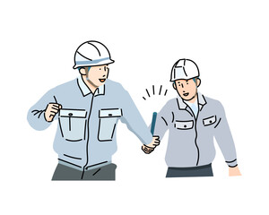 作業服を着てバトンを次世代の若者に手渡す男性ー企業ー工業、倉庫、運送系ービジネスイラスト素材