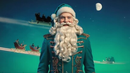 Santa in teal uniform with sleighs and moon in background under starry night sky scenery view christmas santa video - Powered by Adobe