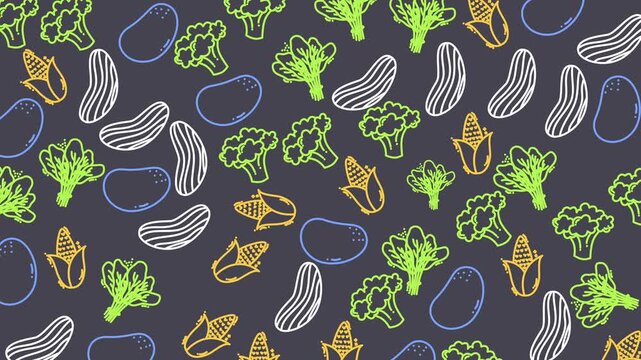 Doodle vegetarian pattern with handdrawn vegetables like corn, lettuce, and potatoes. Ideal for menus, recipe books, organic products.