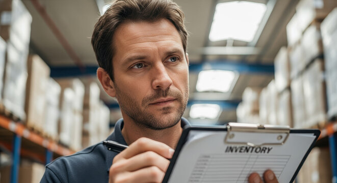Man holding inventory checklist in warehouse aisle, preparing for moving. Inventory data management is critical in supply chains, so he takes notes with pen.