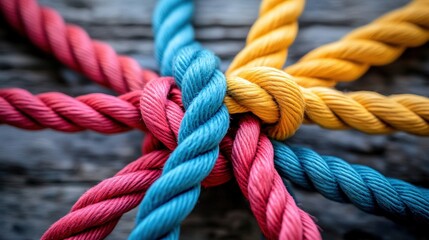 A vibrant arrangement of colorful ropes intertwined, showcasing intricate knotting and texture against a rustic wooden background.