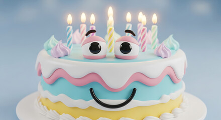 A whimsical birthday cake with lit candles and cartoonish eyes, decorated with pastel-colored frosting and a smiling face against a soft blue background.