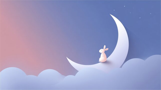 Cute bunny on crescent moon amidst dreamy clouds under a starry night sky, perfect for children's illustrations - Powered by Adobe