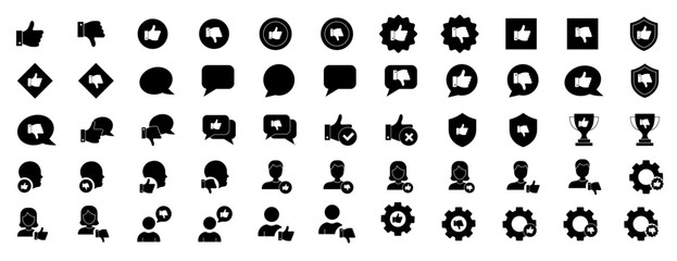 Naklejka premium Feedback and review icons set, like, dislike, thumb up, user, comment, social media, customer rating, approval, shield, trophy, gear symbols, fill vector illustration