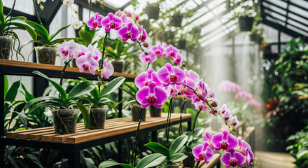Lush orchids blooming under soft greenhouse light, vibrant pinks filling the air