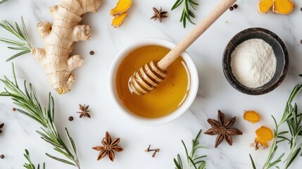 A visually appealing arrangement of honey, ginger, herbs, and spices on a marble surface, showcasing natural ingredients for health and flavor.