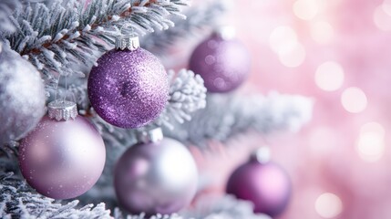A close-up view of festive ornaments hanging on a snow-dusted Christmas tree, featuring purple and silver hues against a soft, blurred background.