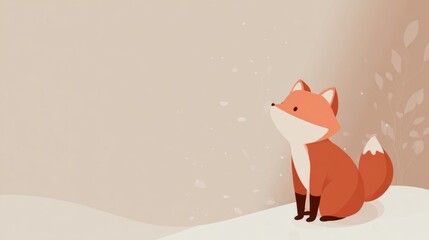 Charming cartoon fox sitting in a serene winter landscape, perfect for children's books, nursery decor, or whimsical designs