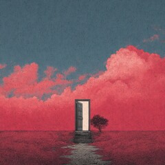 Open Door with Bright Light on Grassy Field with Pink Clouds