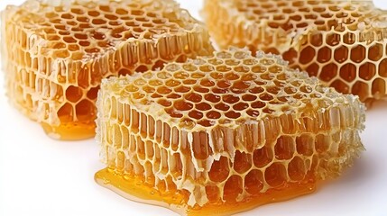 Close up of three pieces of fresh honeycomb with dripping honey on white background
