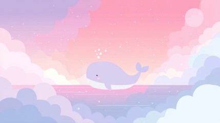 Whimsical whale swimming through pastel clouds in a dreamy, magical, and serene ocean scene, perfect for children's projects