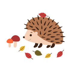 Hedgehog with mushroom and autumn leaves. Cute cartoon vector character illustration isolated on background