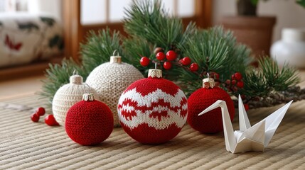 Knitted Christmas ornaments and origami crane on tatami