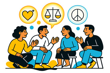Thoughtful Community Gathering. Reflection in Community. A group gathered in discussion, glowing abstract thought bubbles filled with symbols of kindness,
