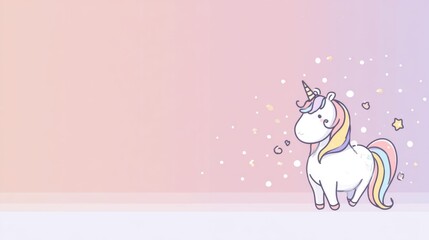 Whimsical cartoon unicorn with rainbow mane and tail against a soft pastel gradient background, perfect for children's designs and branding