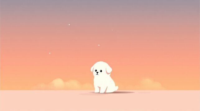 Adorable fluffy white puppy sitting peacefully against a beautiful sunset sky with soft clouds, creating a serene, heartwarming scene