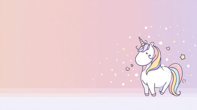 Whimsical cartoon unicorn with rainbow mane and tail against a soft pastel gradient background, perfect for children's designs and branding - Powered by Adobe