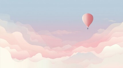 Dreamy pink hot air balloon floating over pastel clouds, evoking feelings of serenity, freedom, and adventure for travel and design projects