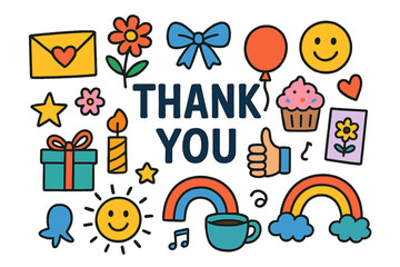 Colorful Thank You Doodles. Thank You Greeting. Colorful Hand-drawn doodle Children illustration Envelope, flower, heart, ribbon, smiling face, balloon, gift