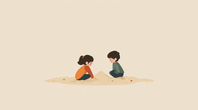 Two children building sandcastle together during fun summer day, creating joyful childhood memories and friendship