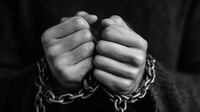 A pair of hands clenched into fists, chained wrists with heavy metal links, in a black-and-white photograph.