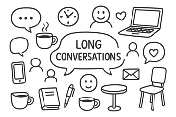 Long Conversations Icons. Long Conversations. Hand-drawn doodle illustration Long Conversations chat bubbles, coffee cup, tea cup, book, phone, laptop, clock,
