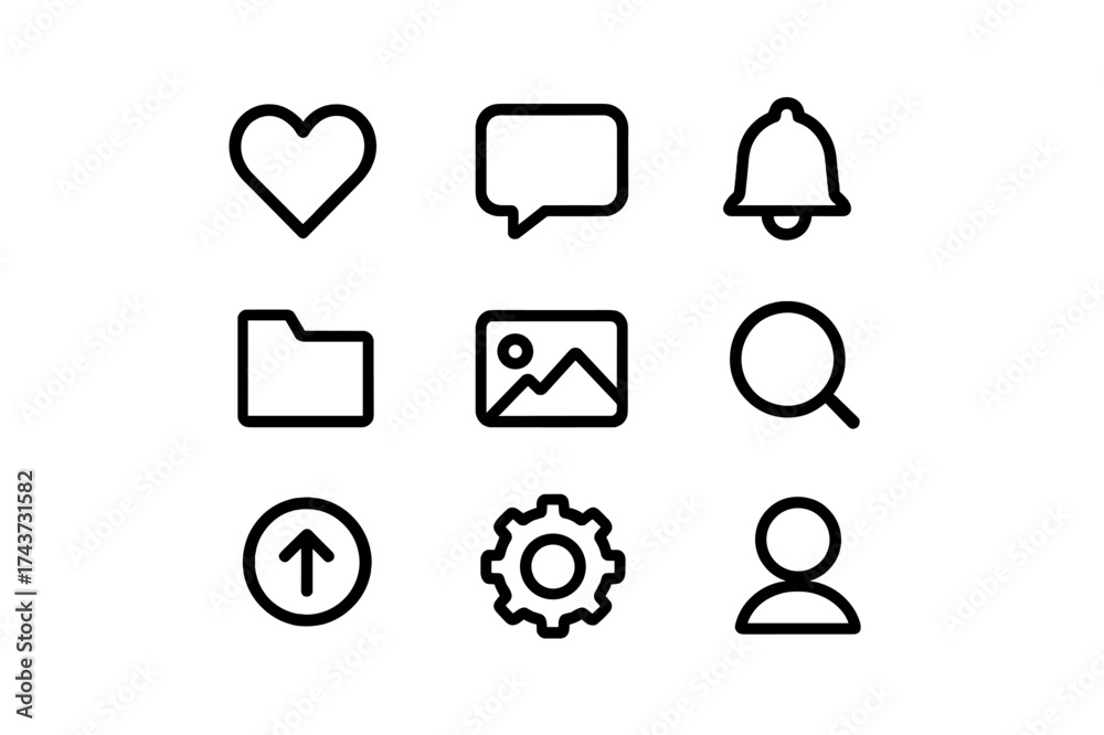 Wall mural uniform icon set. equal spacing between icons and equal margins on the edges. uniform icon size acro