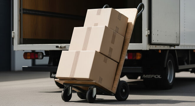 Moving boxes stacked on cart against moving truck offer convenient relocation support. Three moving boxes loaded on dolly present home relocation or office removal options.