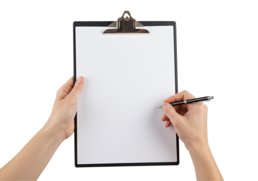 Person writing on a blank clipboard isolated on transparent background