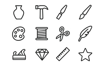 Artisan Tool Icons. Artisan. Line outline icon set of Artisan: pottery vase, hammer, chisel, paintbrush,