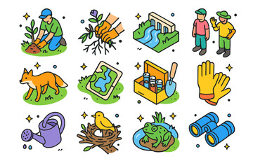 Obraz premium Ecosystem Restoration Icons. Ecosystem restoration. Colorful isometric vector icons set of ecosystem restoration: planting native species, removing invasive