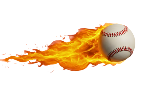 Baseball in motion with fiery trail isolated on transparent background