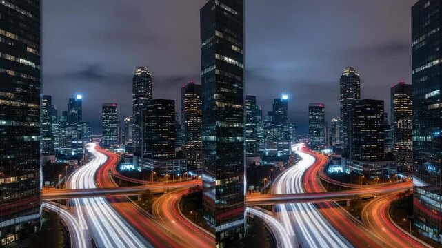 City skyline at night with light trails from traffic, capturing the energy and dynamism of urban life
