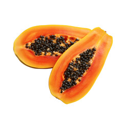 Two halves of a ripe papaya, revealing its seeds isolated on white background