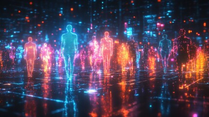 A vibrant digital scene showing glowing, holographic figures walking through a futuristic cityscape, surrounded by colorful lights.