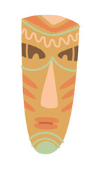 Wooden elongated spirit mask. Flat color illustration of an isolated object. Object of Native American Indians. Religious objects for rituals. History, ancient drawings