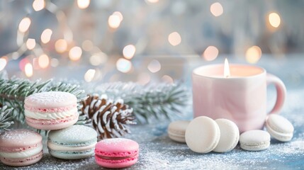 Festive Christmas Scene with Colorful Macarons Pinecones and Candle in Pink Mug
