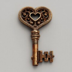 Golden Heart Shaped Key Ornate Antique Style on Gray Background