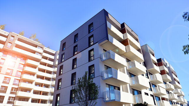 New modern block of flat, condo architecture. Residential apartment flat Luxury house complex. City real estate property, - Powered by Adobe