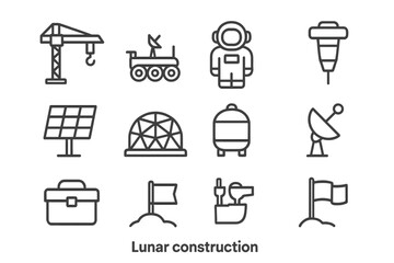 Lunar Construction Icons. Lunar construction. Line icon set of lunar construction: crane, rover, astronaut, drill, solar panel, dome, storage tank, antenna,