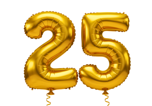 Golden number 25 balloons isolated on transparent background - Powered by Adobe