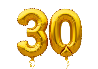 Golden balloons forming the number thirty isolated on transparent background