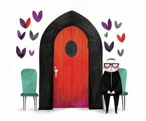 An elderly man sits alone on a chair near a closed door, quietly waiting in a lobby. A tired visitor rests in silence, hoping the wait won’t last much longer. AI-generated illustration