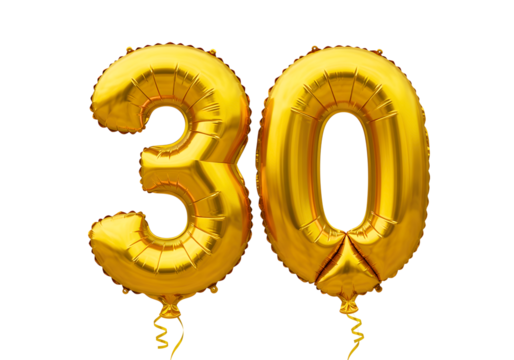 Golden balloons forming the number thirty isolated on transparent background