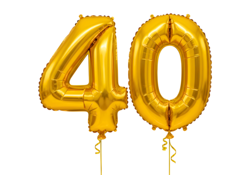 Golden number 40 balloon isolated on transparent background