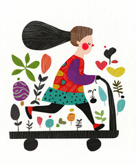 A woman with a ponytail runs on a treadmill surrounded by plants. A girl in a colorful dress rides a scooter through nature. AI-generated illustration